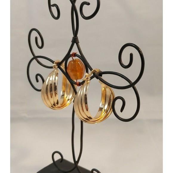 Gold Tone 1/5" wide High Polished Round Hoop Earrings twisted 1.25" long - Picture 5 of 9